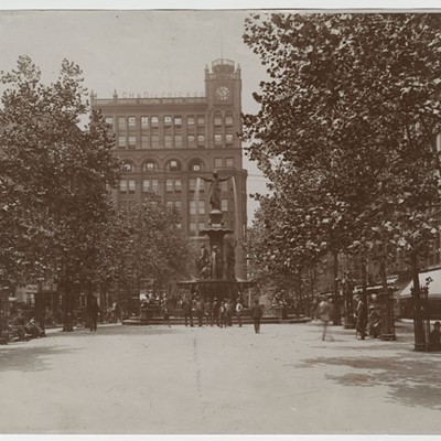Fountain Square in downtown Cincinnati, 1910. Photo by Young & Carl Fountain Square's long been regarded as the heart of Cincinnati. It was gifted to the city by American hardware magnate Henry Probasco in memory of his business partner and brother-in-law, Tyler Davidson, whom the fountain is named for. The square once existed as an island down Fifth Street but was renovated in the '70s to widen the plaza and change the flow of traffic. It was renovated and redesigned again in the early 2000s to attract more visitors and serve as a hub for events downtown.