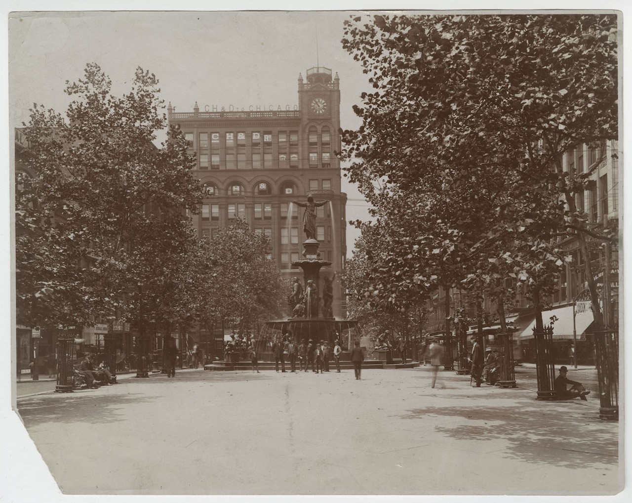 Fountain Square in downtown Cincinnati, 1910. Photo by Young & Carl 
Fountain Square's long been regarded as the heart of Cincinnati. It was gifted to the city by American hardware magnate Henry Probasco in memory of his business partner and brother-in-law, Tyler Davidson, whom the fountain is named for. The square once existed as an island down Fifth Street but was renovated in the '70s to widen the plaza and change the flow of traffic. It was renovated and redesigned again in the early 2000s to attract more visitors and serve as a hub for events downtown.