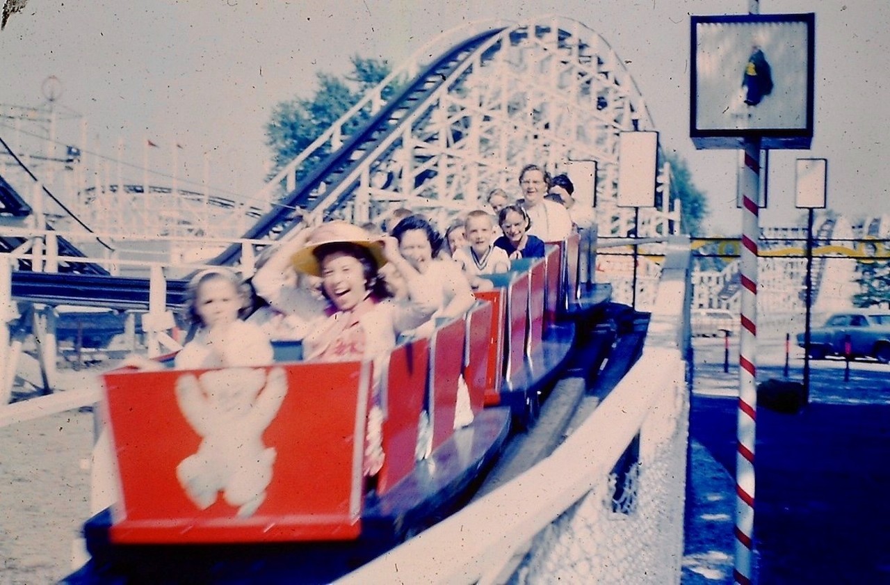 People on a roller coaster at Coney Island, 1954