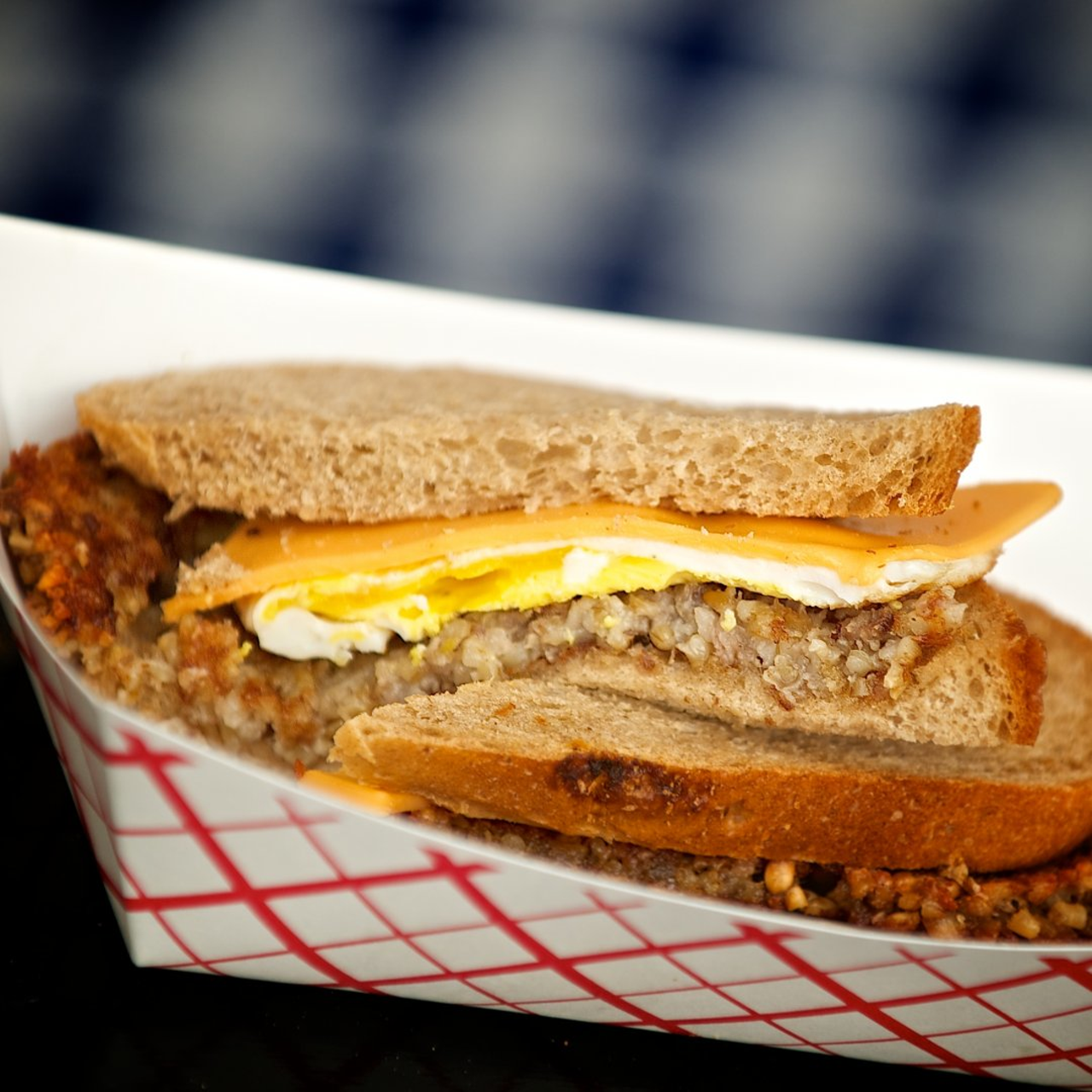 Goetta, egg and cheese on a sandwich