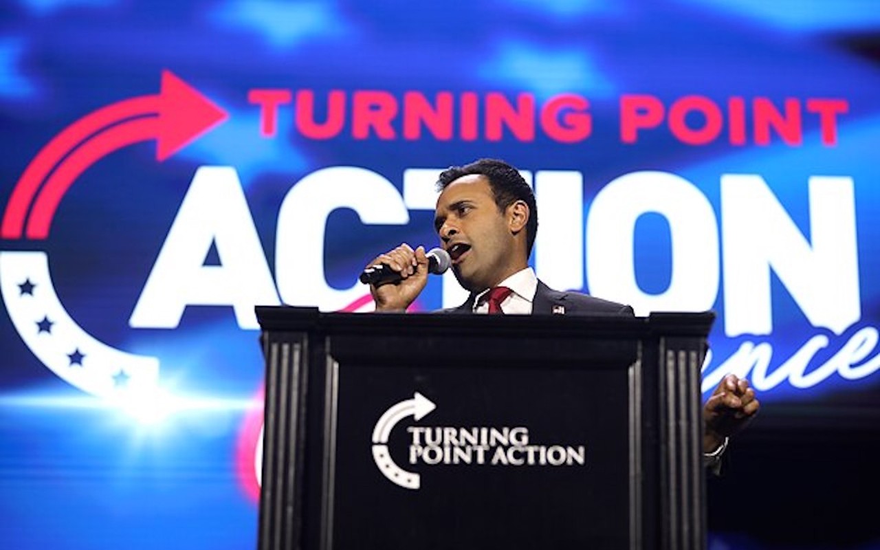 Vivek Ramaswamy speaking with attendees at the 2023 Turning Point Action Conference at the Palm Beach County Convention Center in West Palm Beach, Florida.