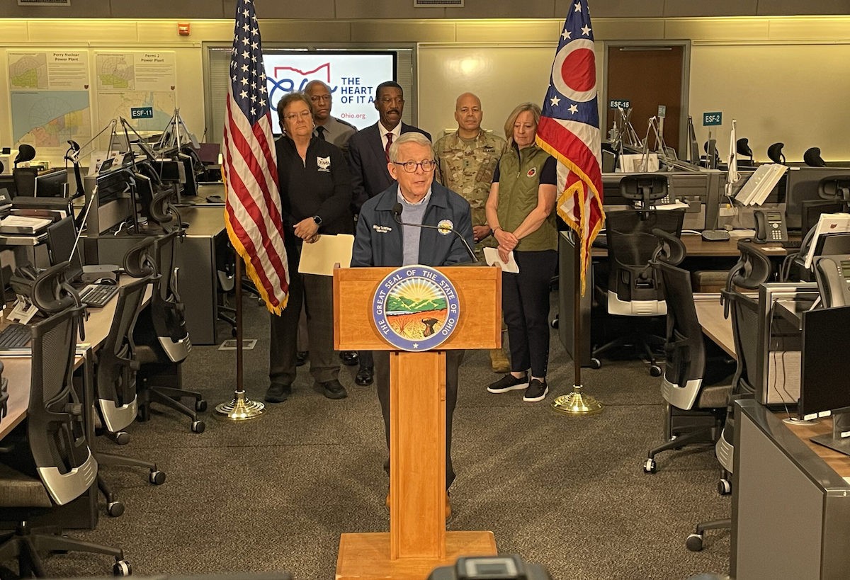 Ohio Gov. Mike DeWine speaking at the State Emergency Operations Center