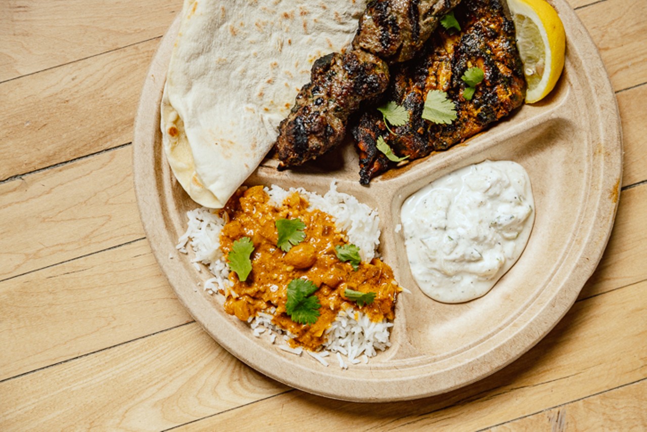 Tandoori chicken, seekh kebab and makhani curry with rice from Khana