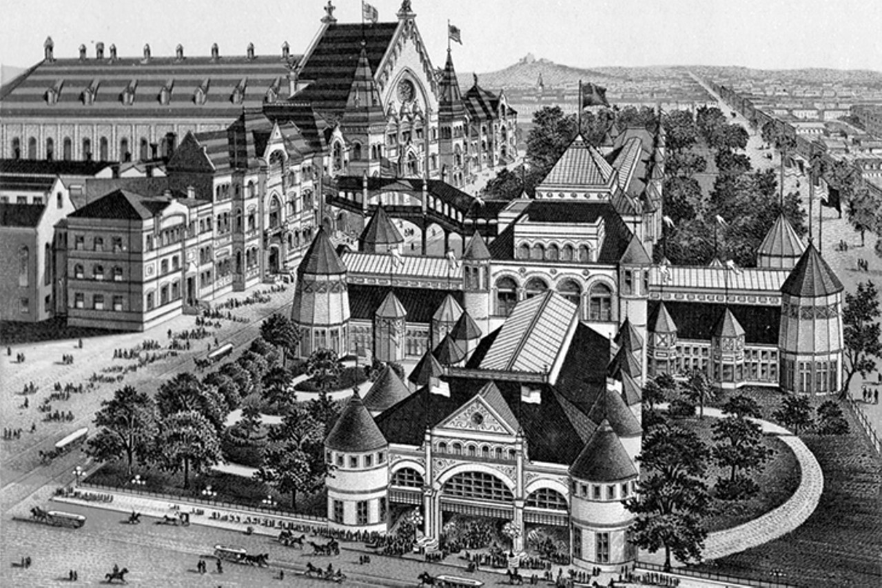 An illustration of Music Hall and Park Hall in Washington Park. At the expo, the center of activities revolved around the recently constructed Music Hall. It was completed in 1878 in part to house this and other expositions, along with choral festivals. The giant auditorium served as the anchor for the temporary buildings erected in and around Washington Park &#151; Machinery Hall and Park Hall &#151; to create the largest connected covered area ever used for an exposition on the continent.