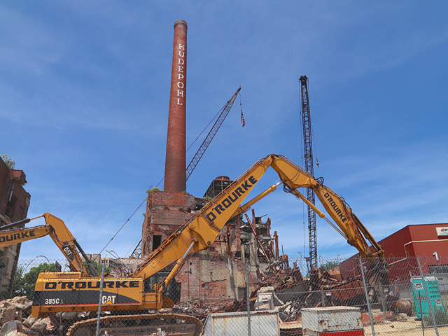 Demolition work at the former Hudepohl brewing facility in Queensgate