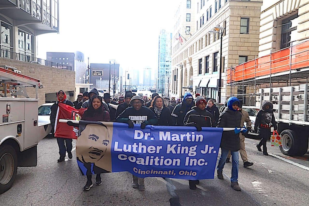 Marchers proceed up Vine Street during Cincinnati's MLK Day 2020.