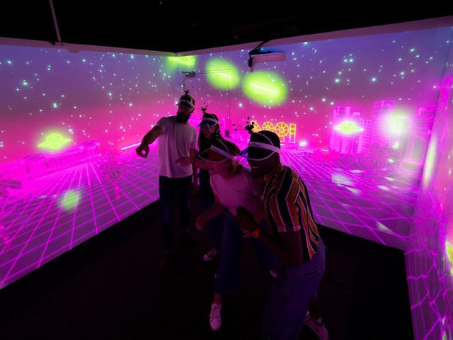 Immersive Gamebox games have players wear 3D motion-tracking visors to control interactive smart rooms, known as "gameboxes."