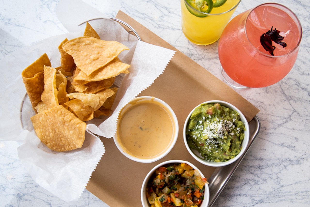 "Pick 3" chip and dip sampler, with guacamole, queso and pineapple salsa
