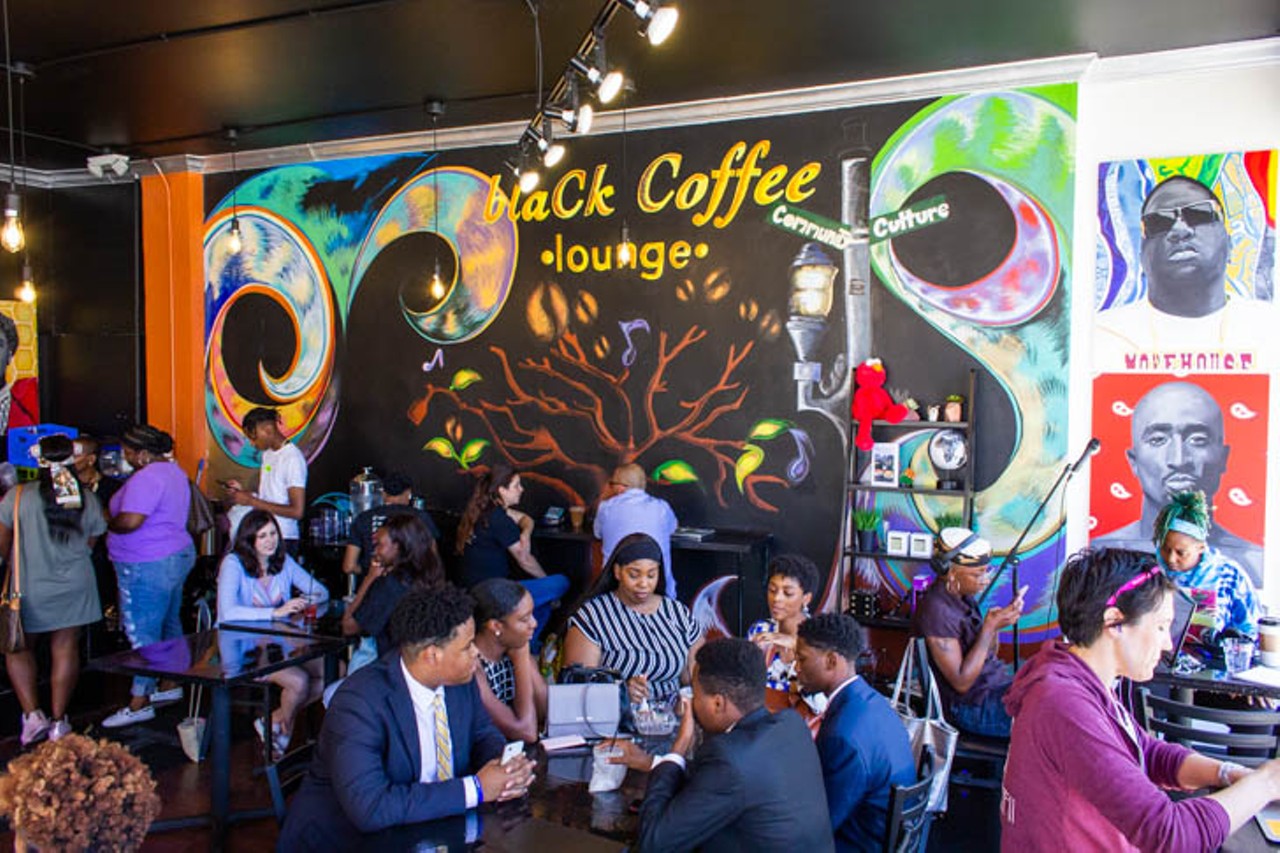 The centerpiece mural at BlaCk Coffee is colorful, featuring a large tree, coffee beans and music notes, as well as a street light with two intersecting street signs labeled &#147;culture&#148; and &#147;community.&#148; The lounge itself strives to be that intersection, a place where people of all communities can congregate to celebrate black culture while enjoying great coffee.