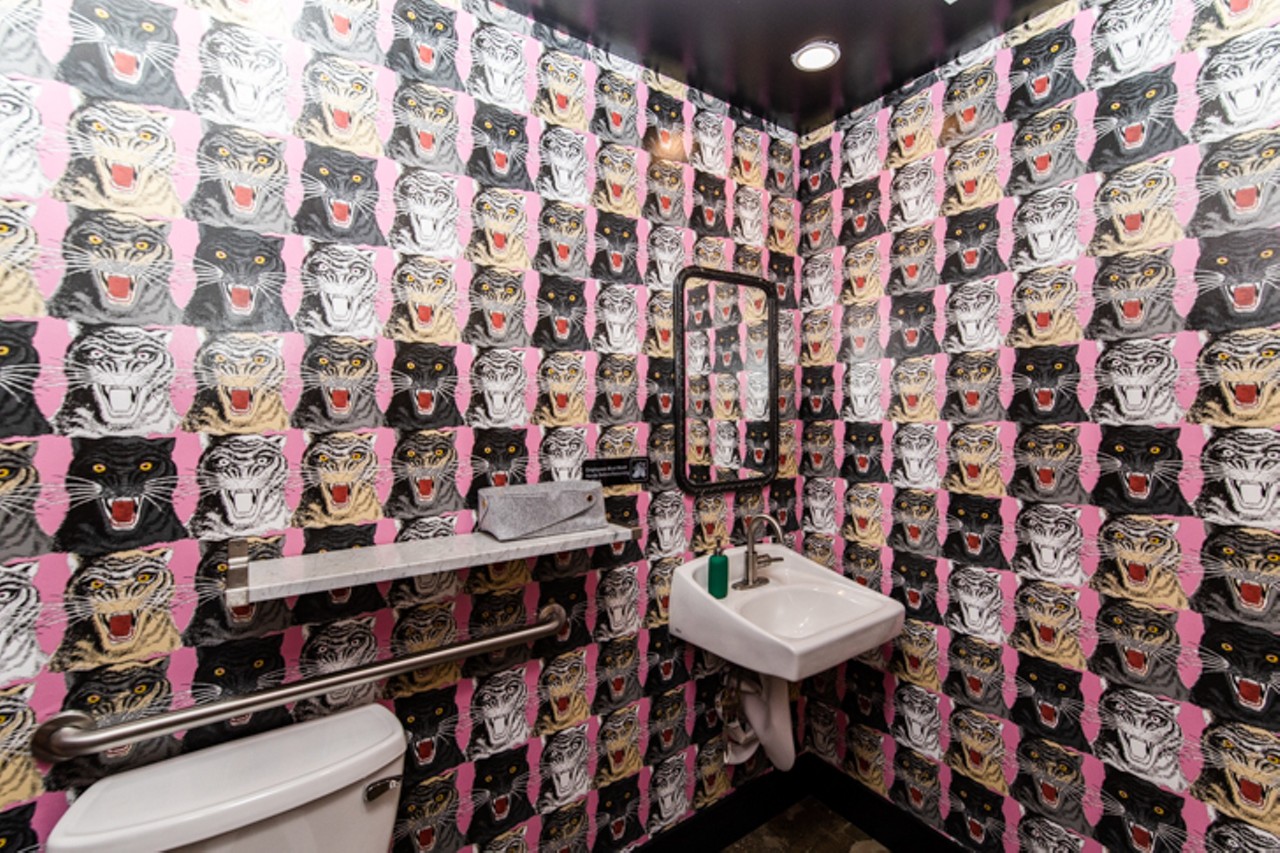 One of the bathrooms, with excellent wallpaper