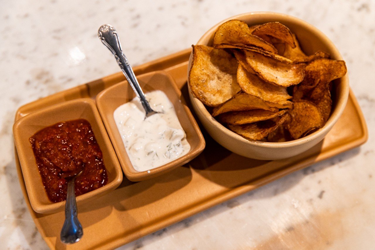 Chips and dips with russet potato, basque tomato and minted yogurt ($5)
