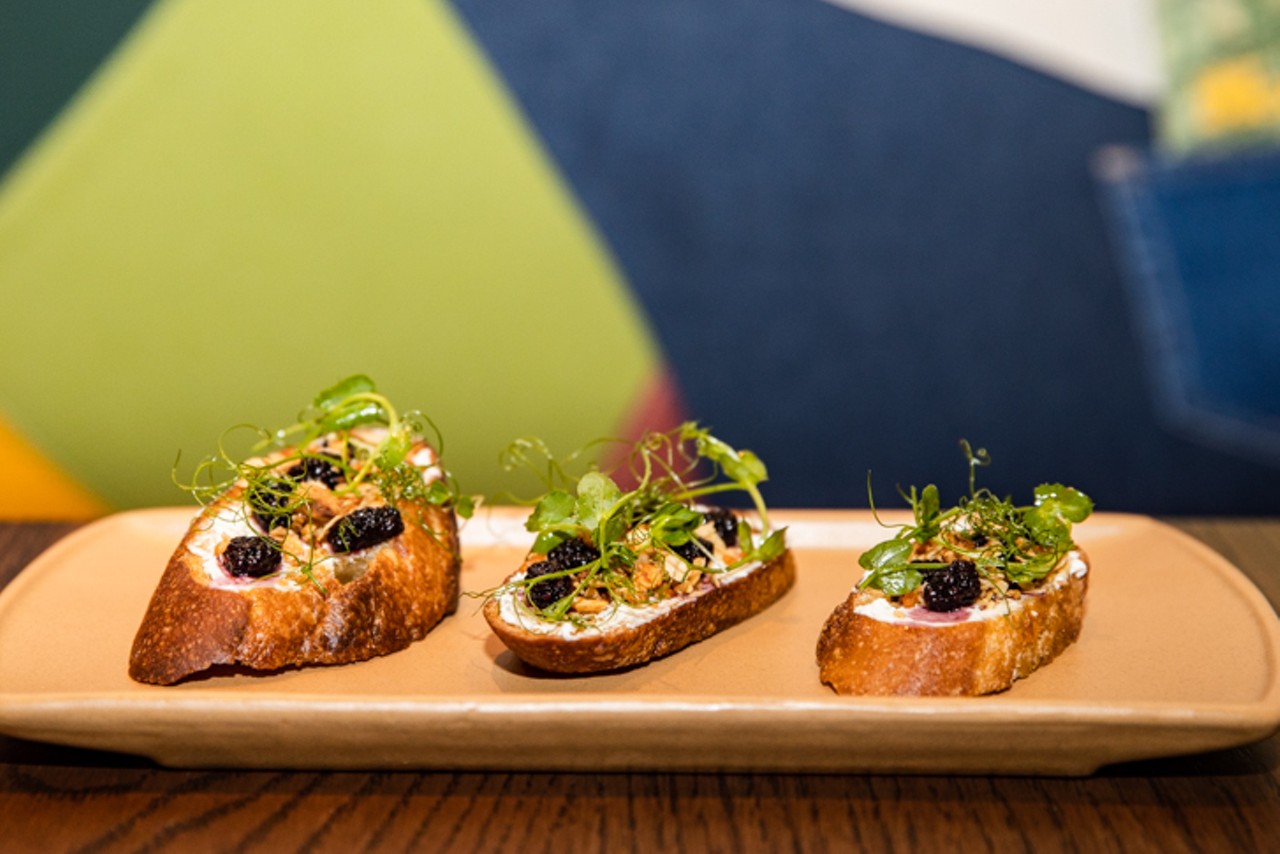 Crostini, with Leonora cheese, mulberry, oat crumble and micro greens ($7)