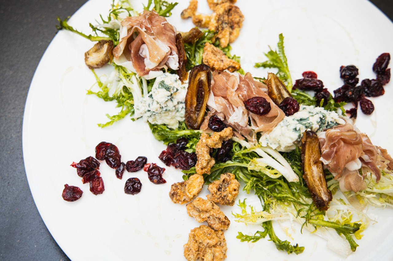 Proscuitto & Bleu ($15) with cave-aged bleu cheese, dates, candied walnuts, cranberry, walnut vinaigrette, chicory and Italian honey
