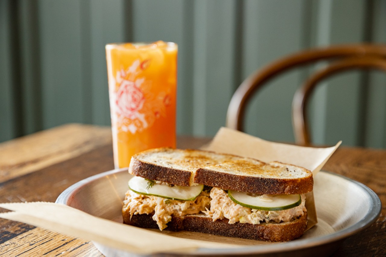 Salmon salad sandwich ($9.50): Perserved lemon, dill remoulade, fried capers on salted rye bread