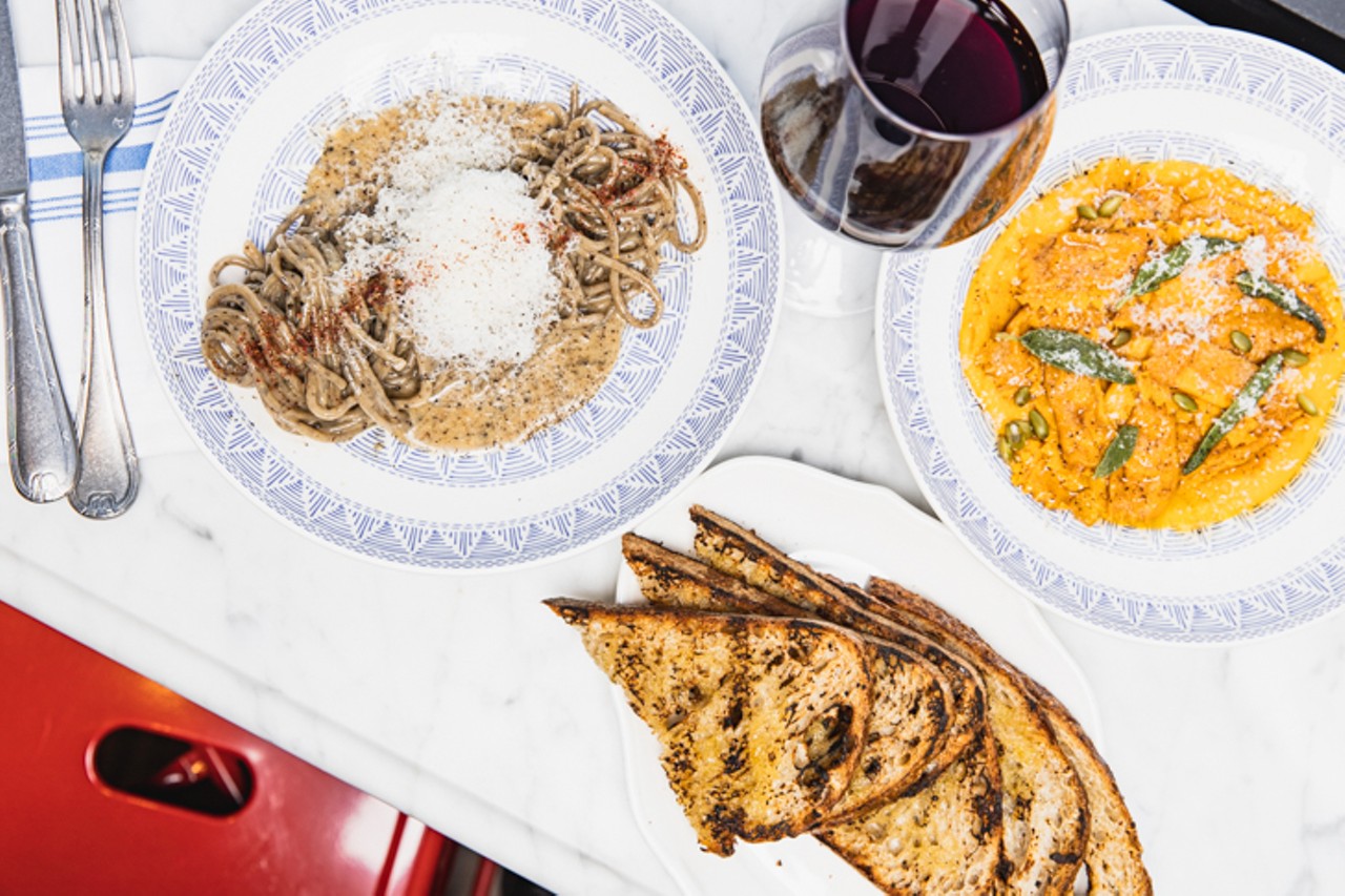 A spread of dishes available at Pepp & Dolores, including cacio e pepe ($13) and butternut and mascarpone pasta ($15).