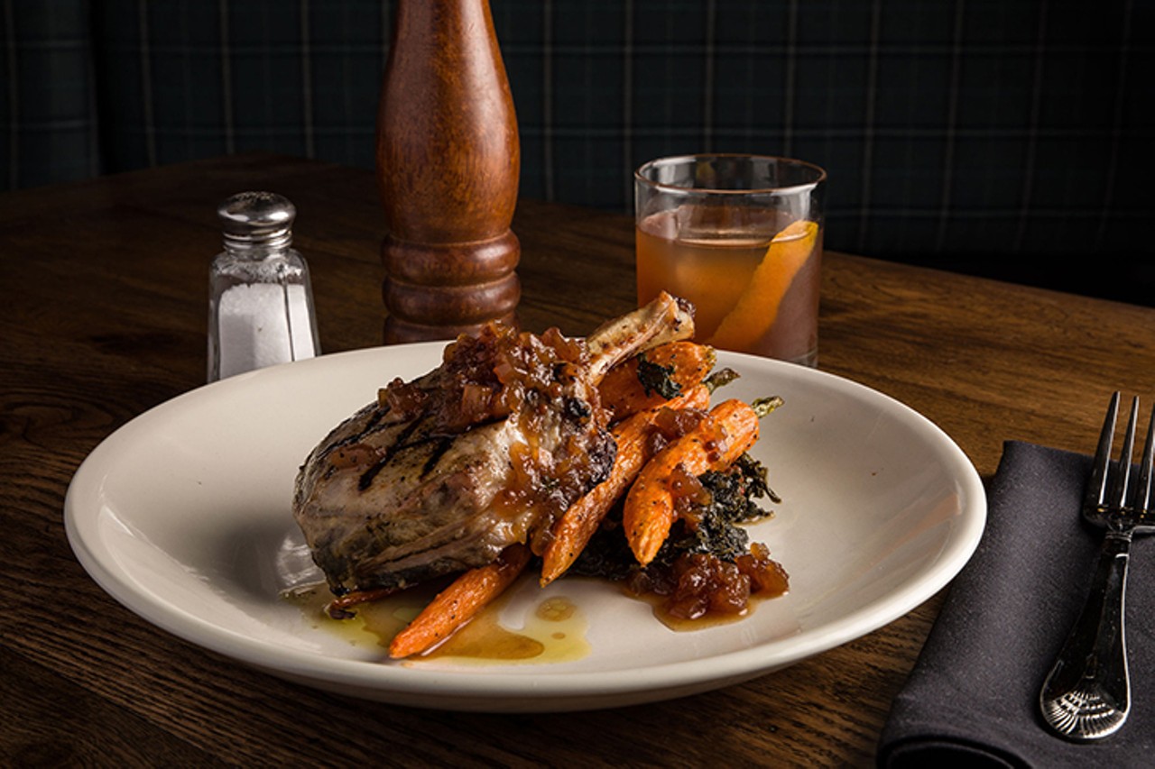 12 oz. Frenched pork chop with braised kale, carrots and mostarda