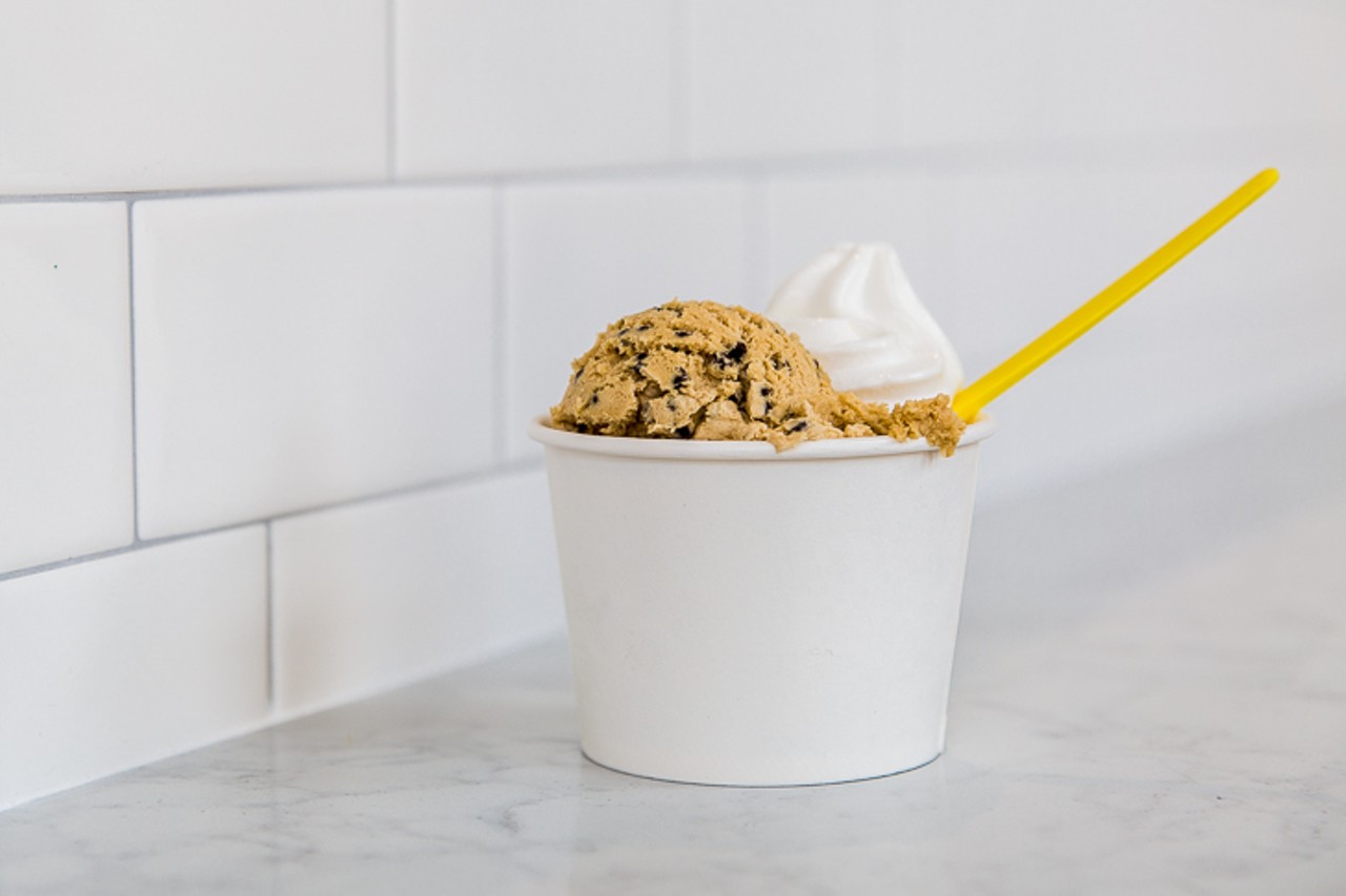 Side by side: chocolate chip cookie dough and vanilla soft serve