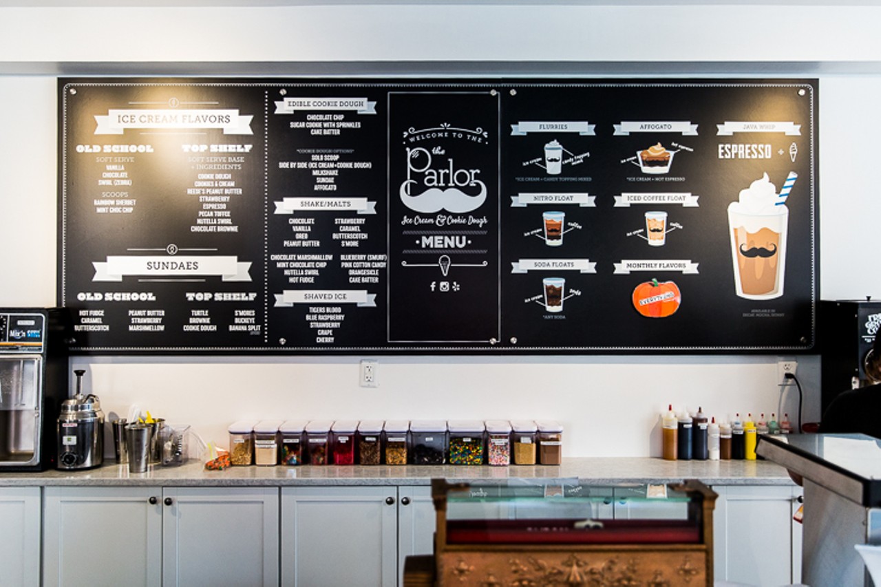 The menu, which offers ice cream flavors, sundae options, edible cookie doughs, shakes/malts, seasonal and caffeinated options