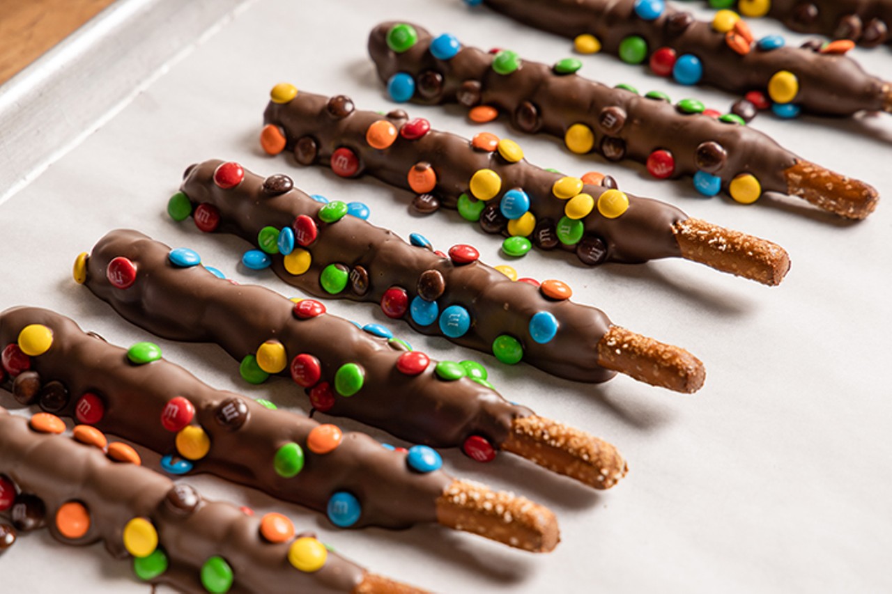 Joy Sticks, pretzels wrapped in caramel and chocolate and drizzled with more chocolate and candy