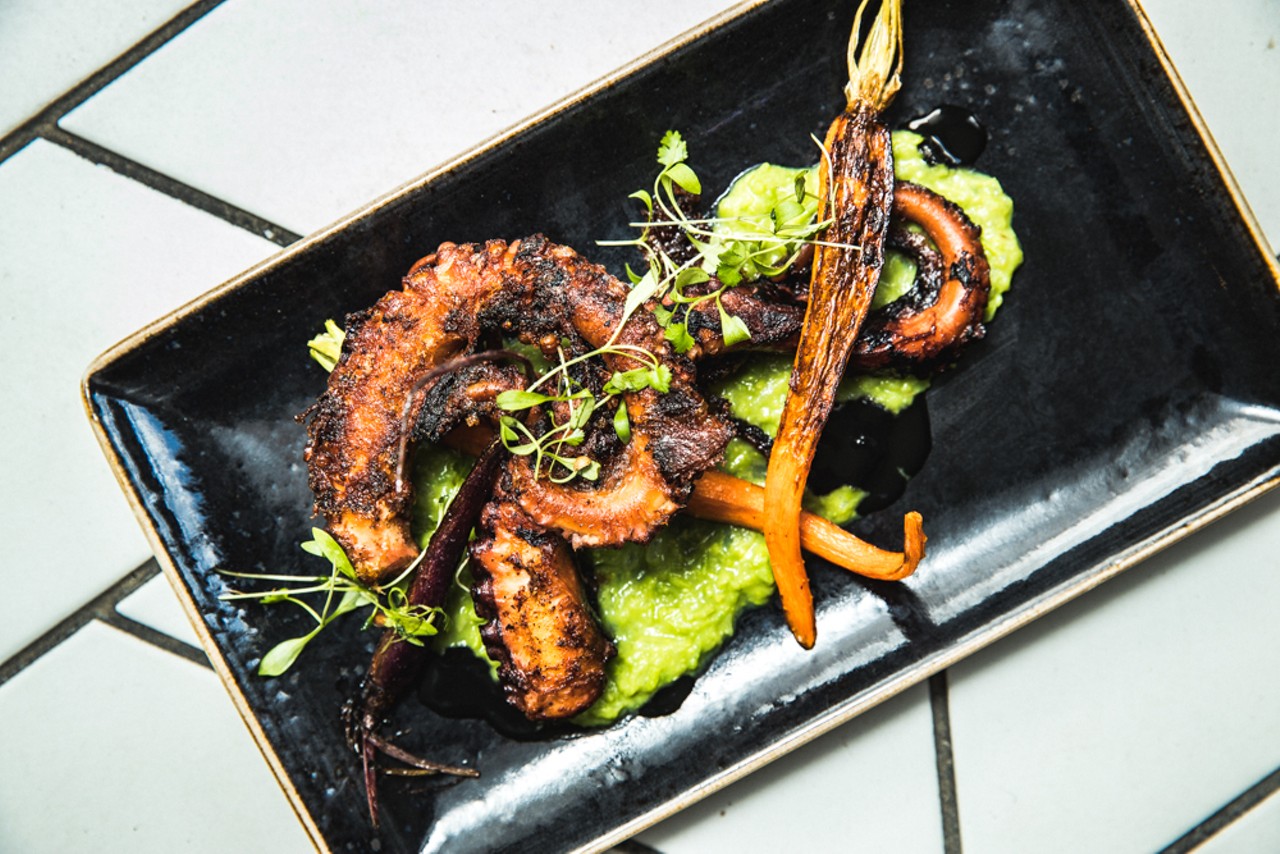 Charred pulpo ($16), with miso pea puree, daikon and spring carrot