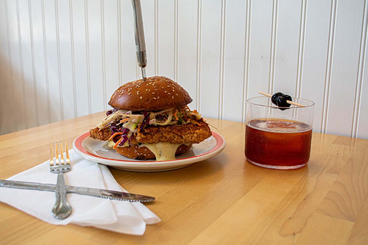 Governor Tso's Fried Chicken Sandwich and cocktail
