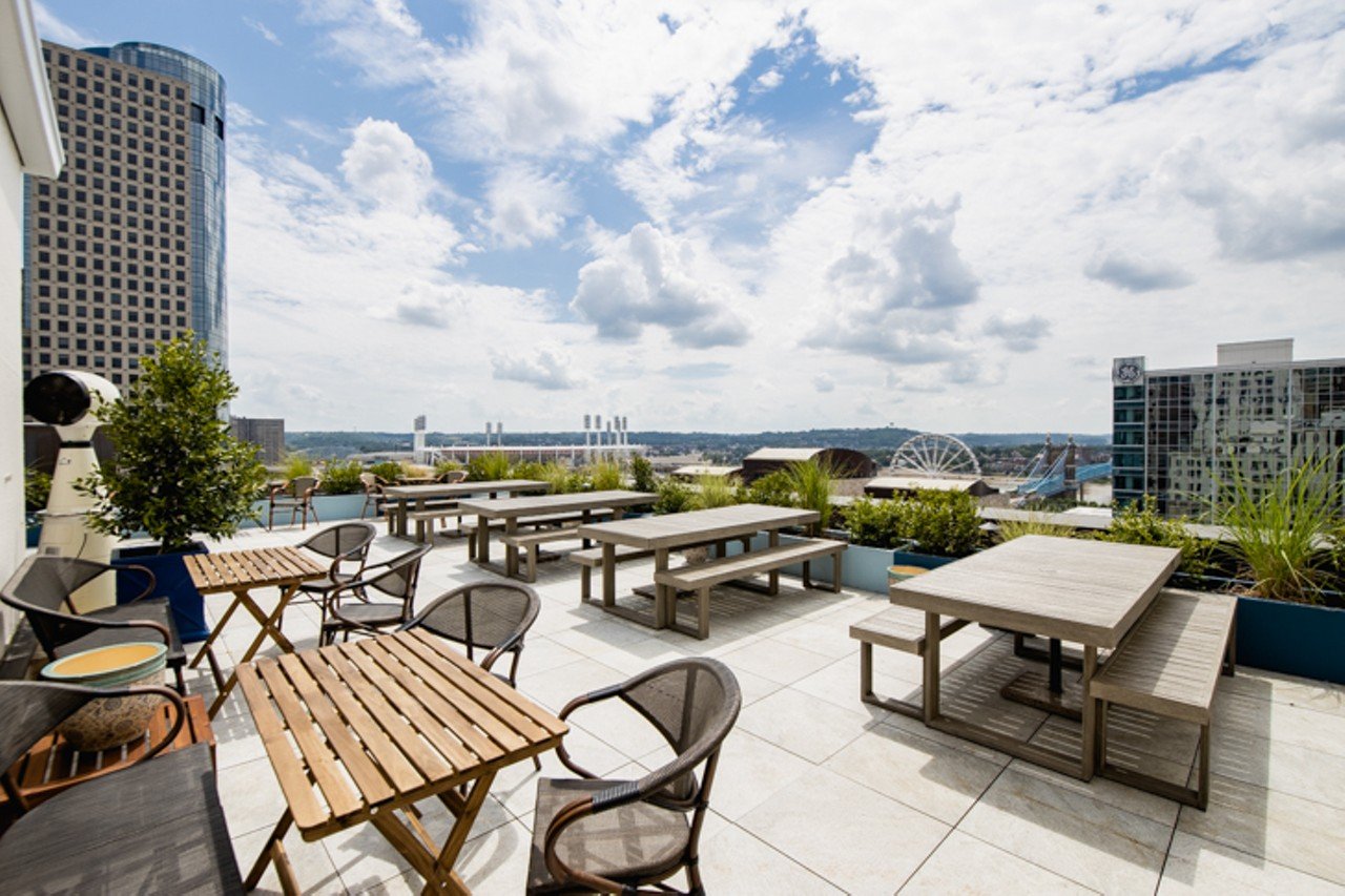 Outdoor patio overlooks downtown and the river