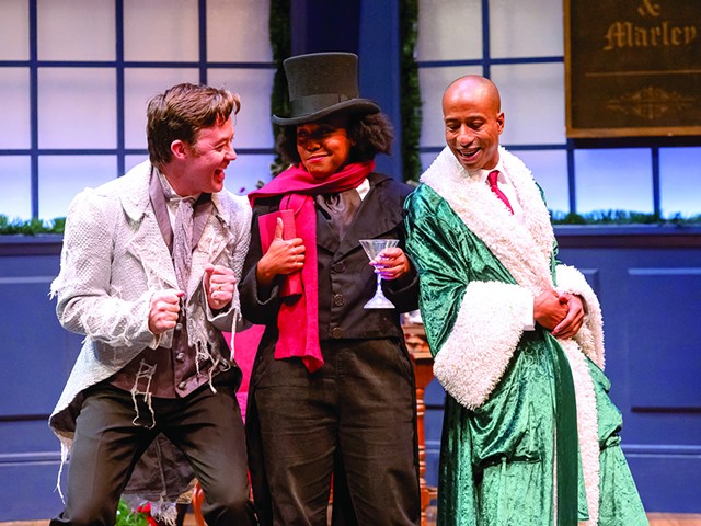 L-R: Justin McCombs, Candice Handy and Geoffrey Warren Barnes III star in Every Christmas Story Ever Told at Cincinnati Shakespeare Company.