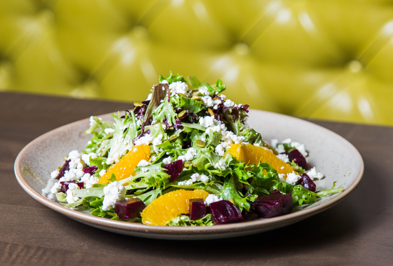 A beet salad with roasted and cubed beets, oranges, cilantro, Lexington, Ky.’s Boone Creek goat cheese and pumpkin seeds