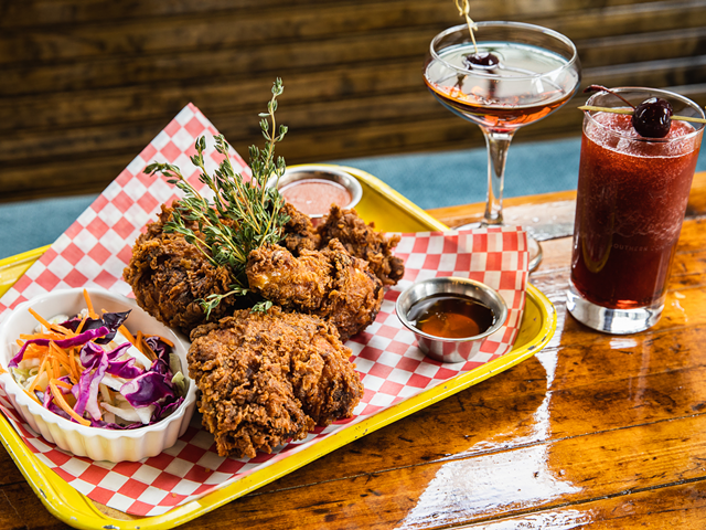 The fried chicken and several cocktails
