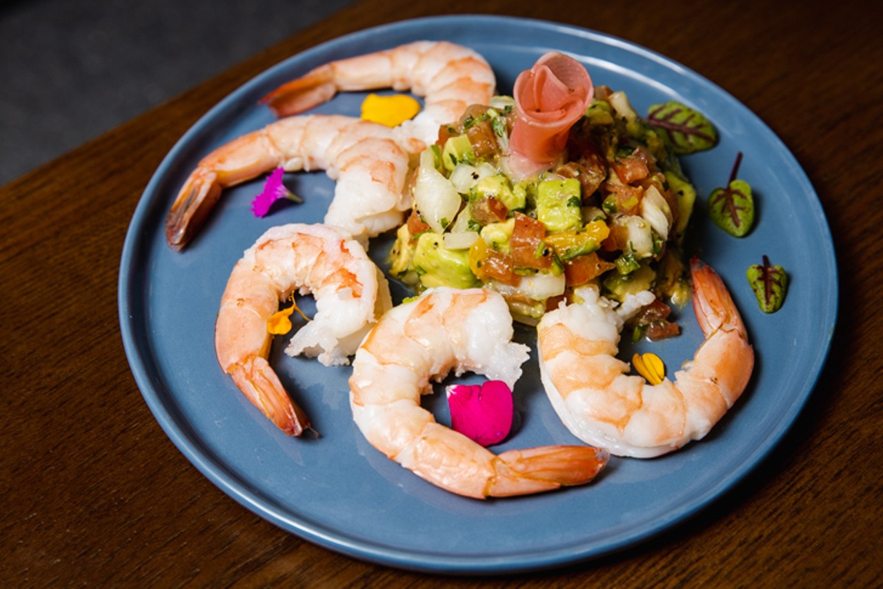 Mexican-inspired shrimp cocktail with spice-poached cold shrimp and pico-guac