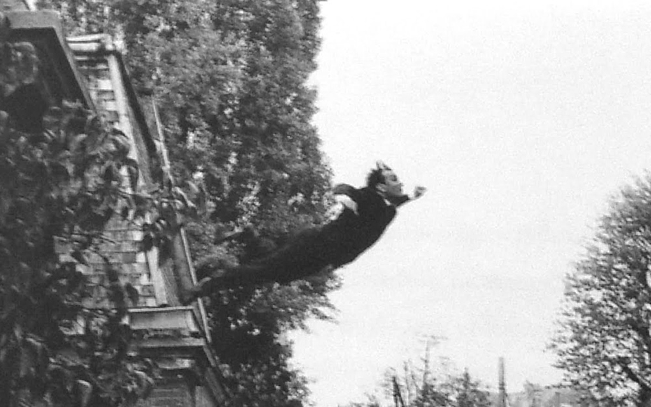 Excerpt: Yves Klein, "Leap into the Void," 1960. Black-and-white photograph, silver print, 6.5 x 5 inches.