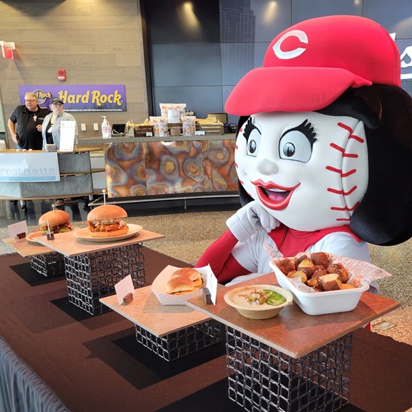 Rosie Red shows off Great American Ball Park's new menu items on April 5, 2022.