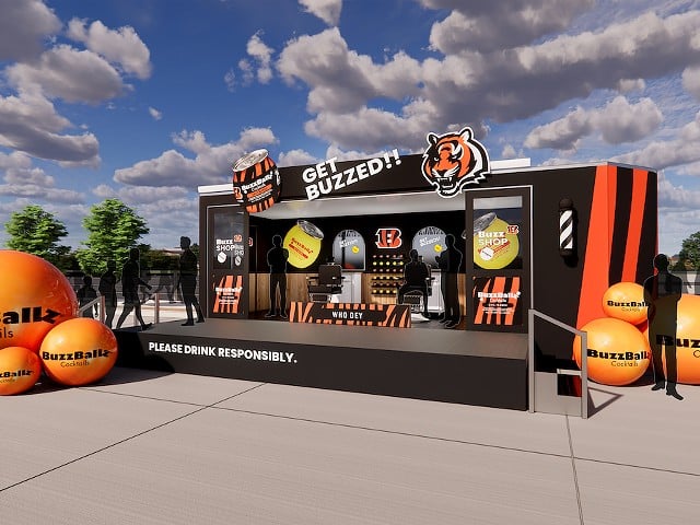 A rendering of the BuzzBallz pop-up barbershop experience