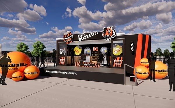 A rendering of the BuzzBallz pop-up barbershop experience