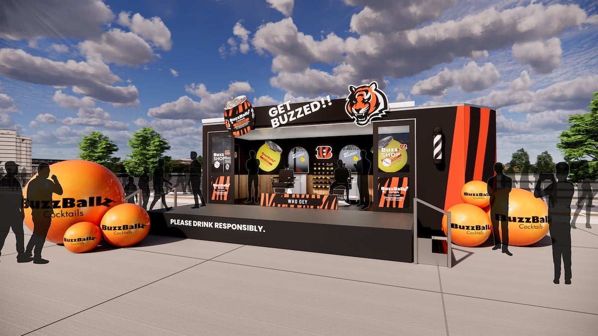 A rendering of the BuzzBallz pop-up barbershop experience