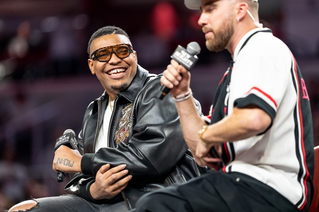 Travis Kelce and Cincinnati Bengals offensive tackle Orlando Brown Jr. at the New Heights podcast live show at Fifth Third Arena | April 11, 2024