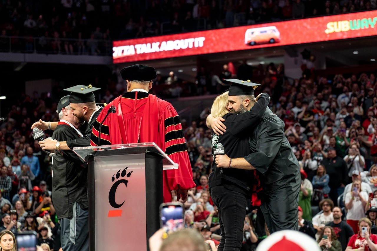 The Kelce brothers' surprise graduation ceremony during the New Heights podcast live show at Fifth Third Arena | April 11, 2024