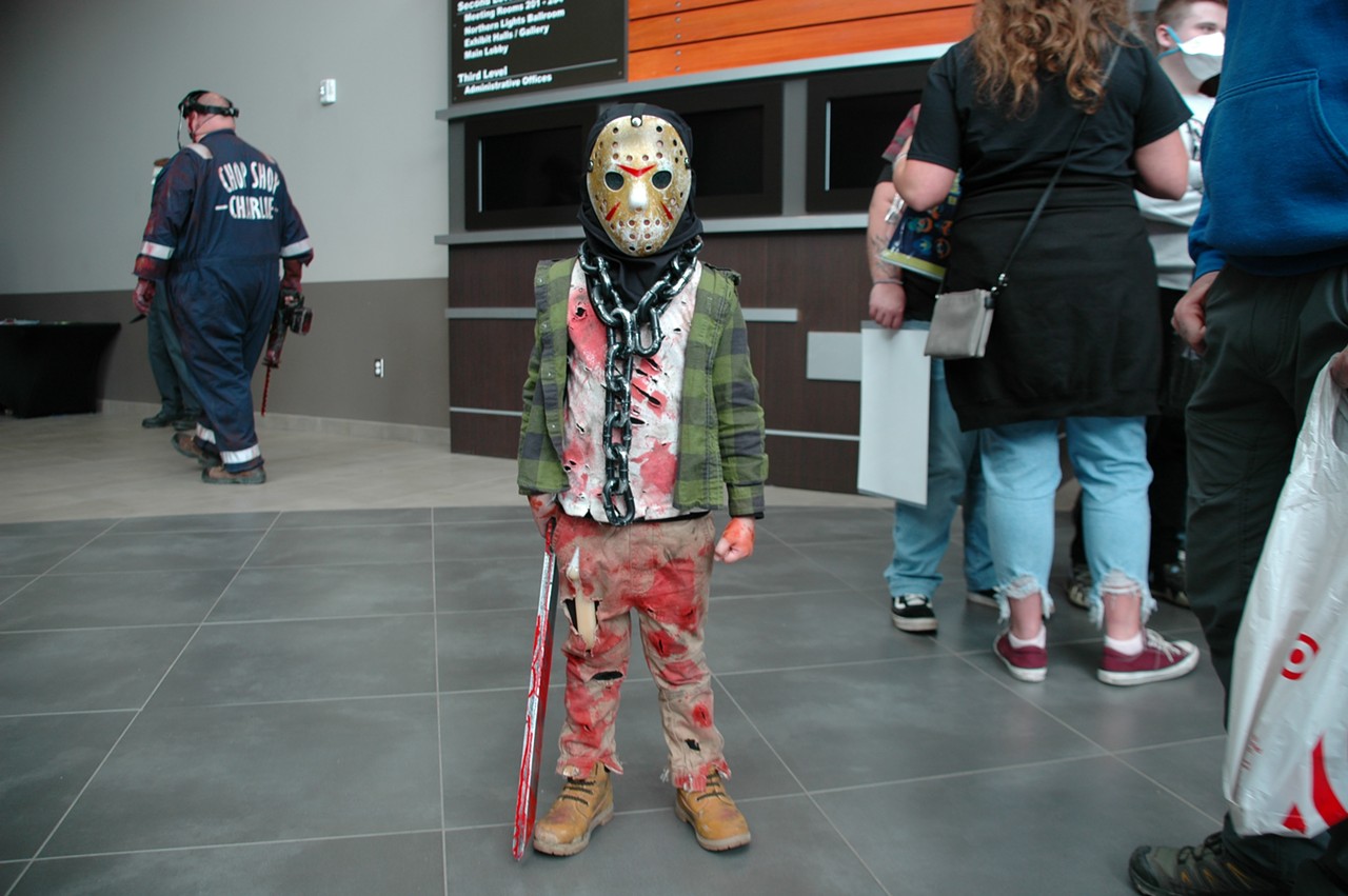 Young fan dressed as Jason Voorhees from Friday the 13th