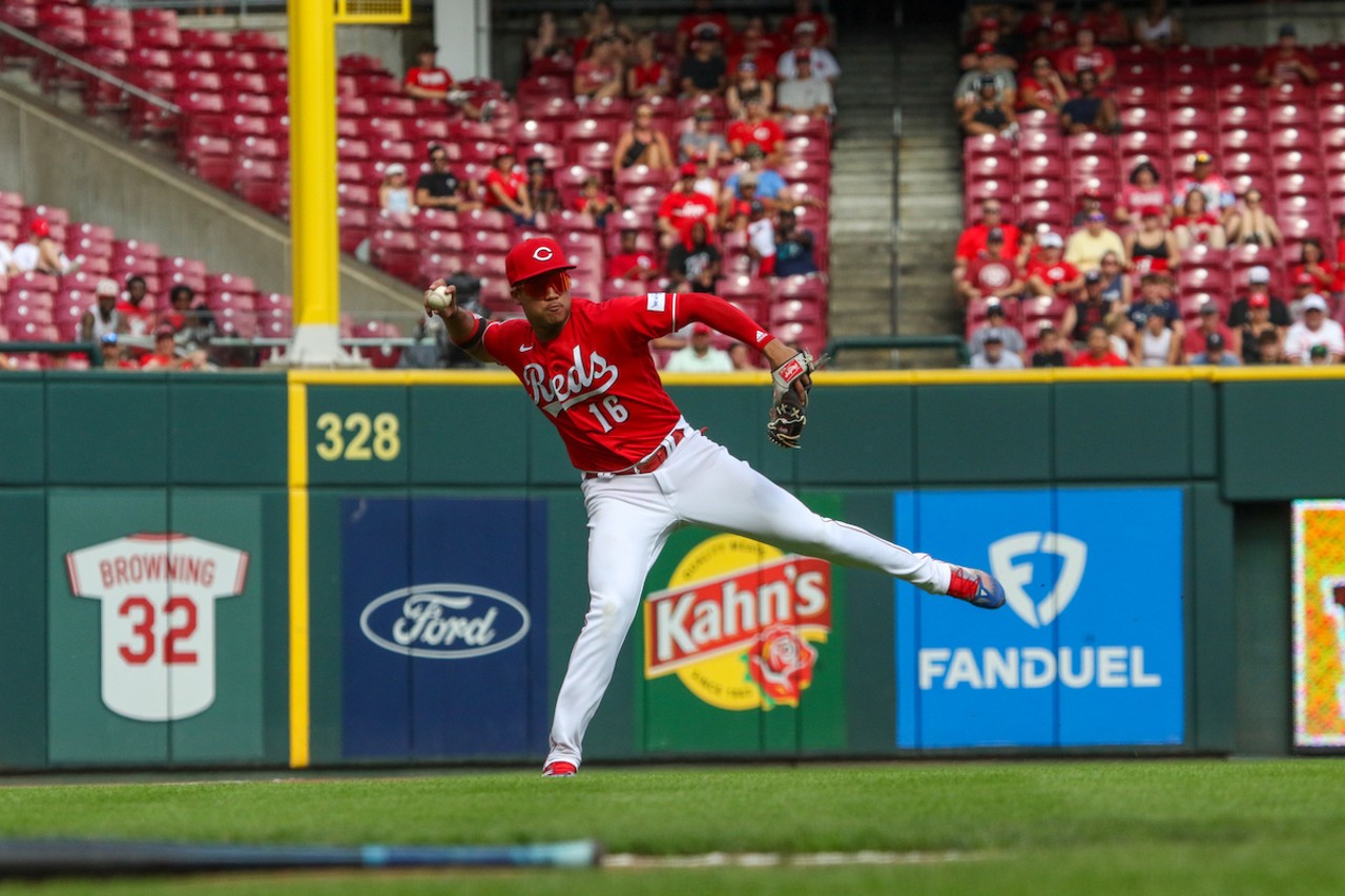 Noelvi Marte fields an infield single to third and comes up short at first in the top of the third inning during the Cincinnati Reds' game against the Seattle Mariners on Sept. 4, 2023.
