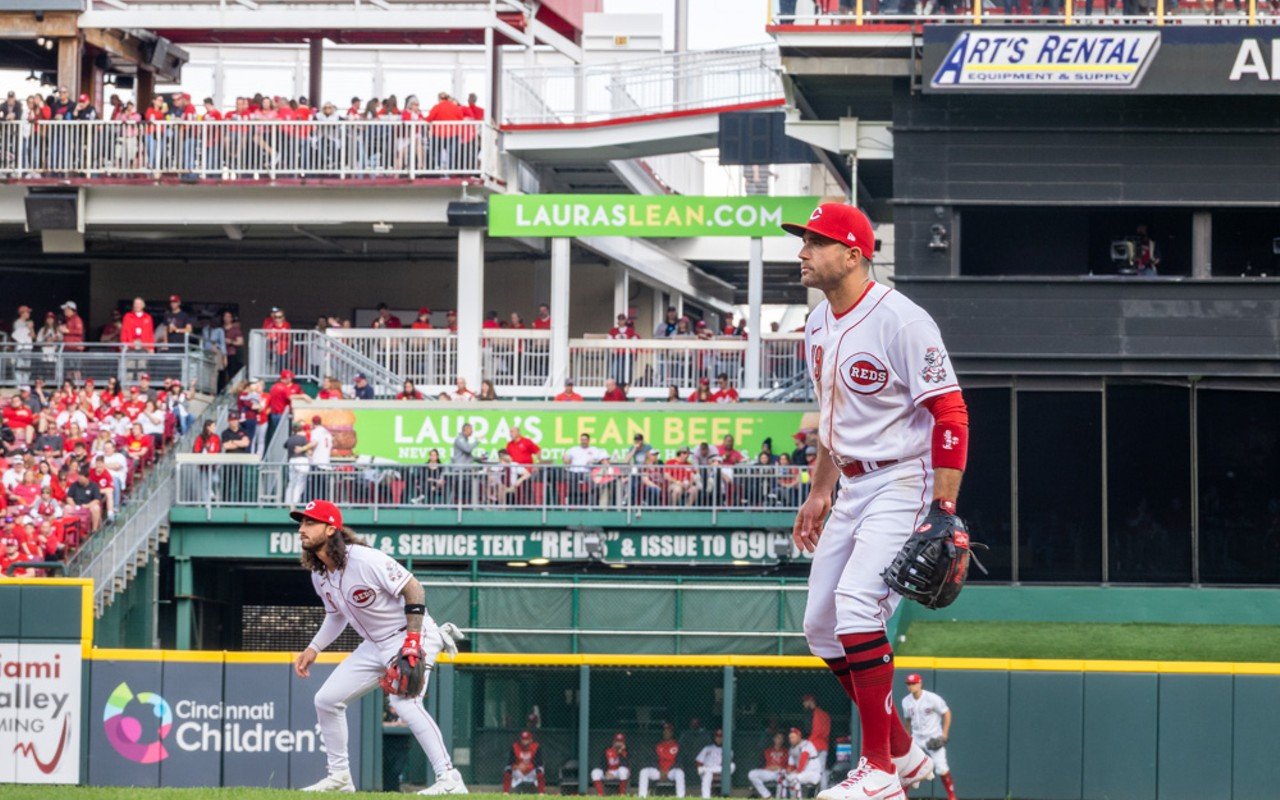 (Left) Second baseman Jonathan India and first baseman Joey Votto play for the Cincinnati Reds at Great American Ball Park on April 12, 2022.