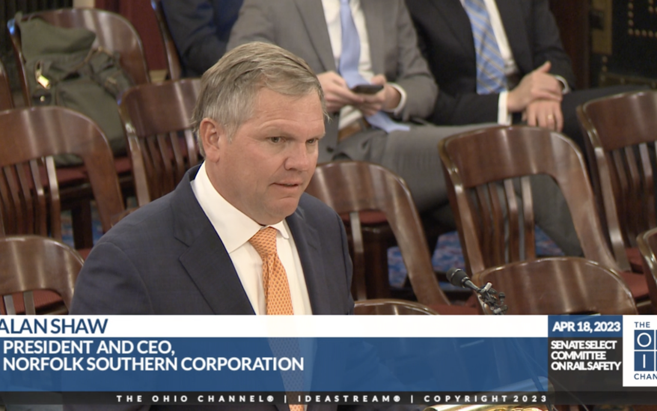 Norfolk Southern Corporation president and CEO Alan Shaw speaks to the Ohio Senate Select Committee on Rail Safety.