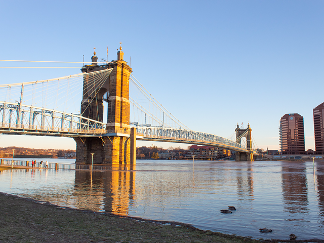 Photograph of the Roebling Bridge facing Covington on the evening of March 2.