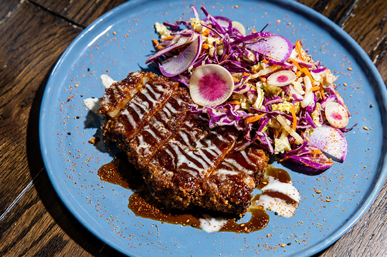 The smoked pork katsu. The plate is finished with a cooling slaw made from thinly sliced veggies &#151; local Napa cabbage, red cabbage and carrots &#151; and dressed with a ginger/basil/lime vinaigrette enriched with sesame oil. Spectacular.