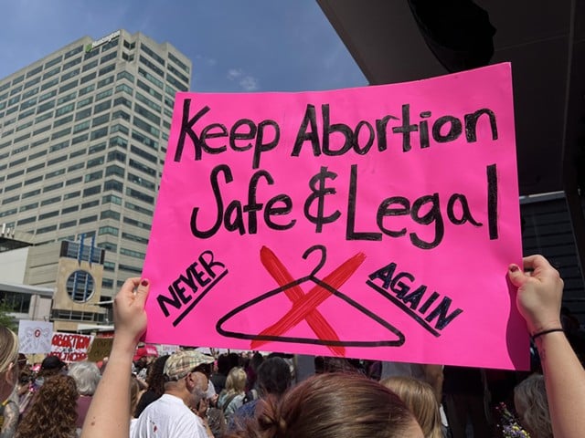 Demonstrators pack Fountain Square on Saturday, May 15, to rally support for abortion care access in Ohio.