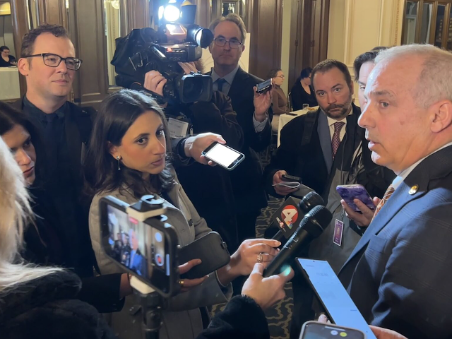 Senate President Matt Huffman speaks to media after making a presentation at a post-primary event hosted by the Ohio Chamber of Commerce. Huffman spoke out against a proposed constitutional amendment to create an independent redistricting commission.