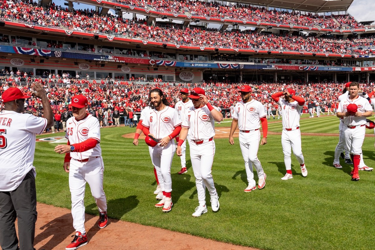 Players returning from the national anthem, greeted by George Foster | Cincinnati Reds vs. Washington Nationals | March 28, 2024