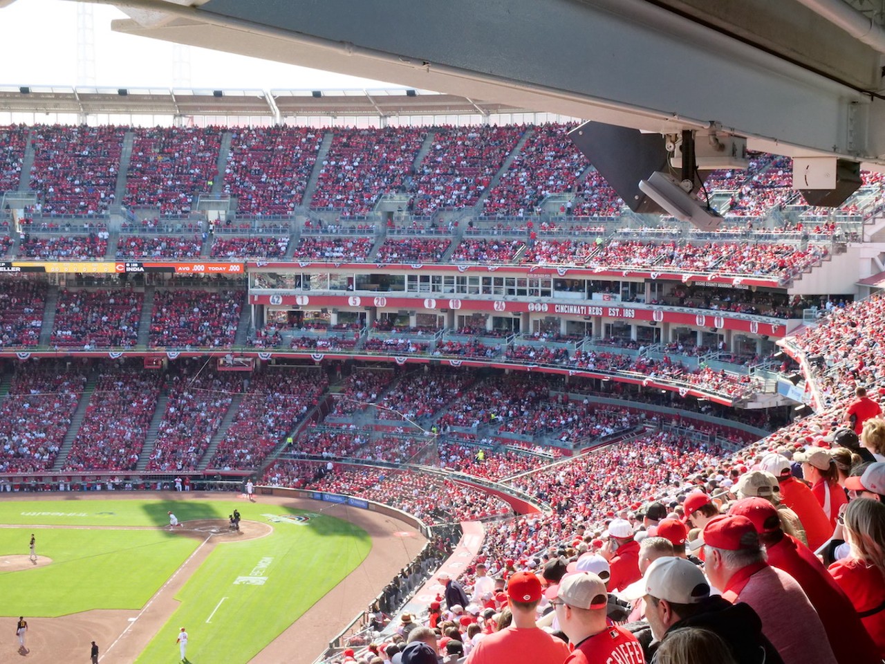 The crowd at Great American Ball Park watches the Cincinnati Reds vs. the Pittsburgh Pirates during the season opener on March 30, 2023.