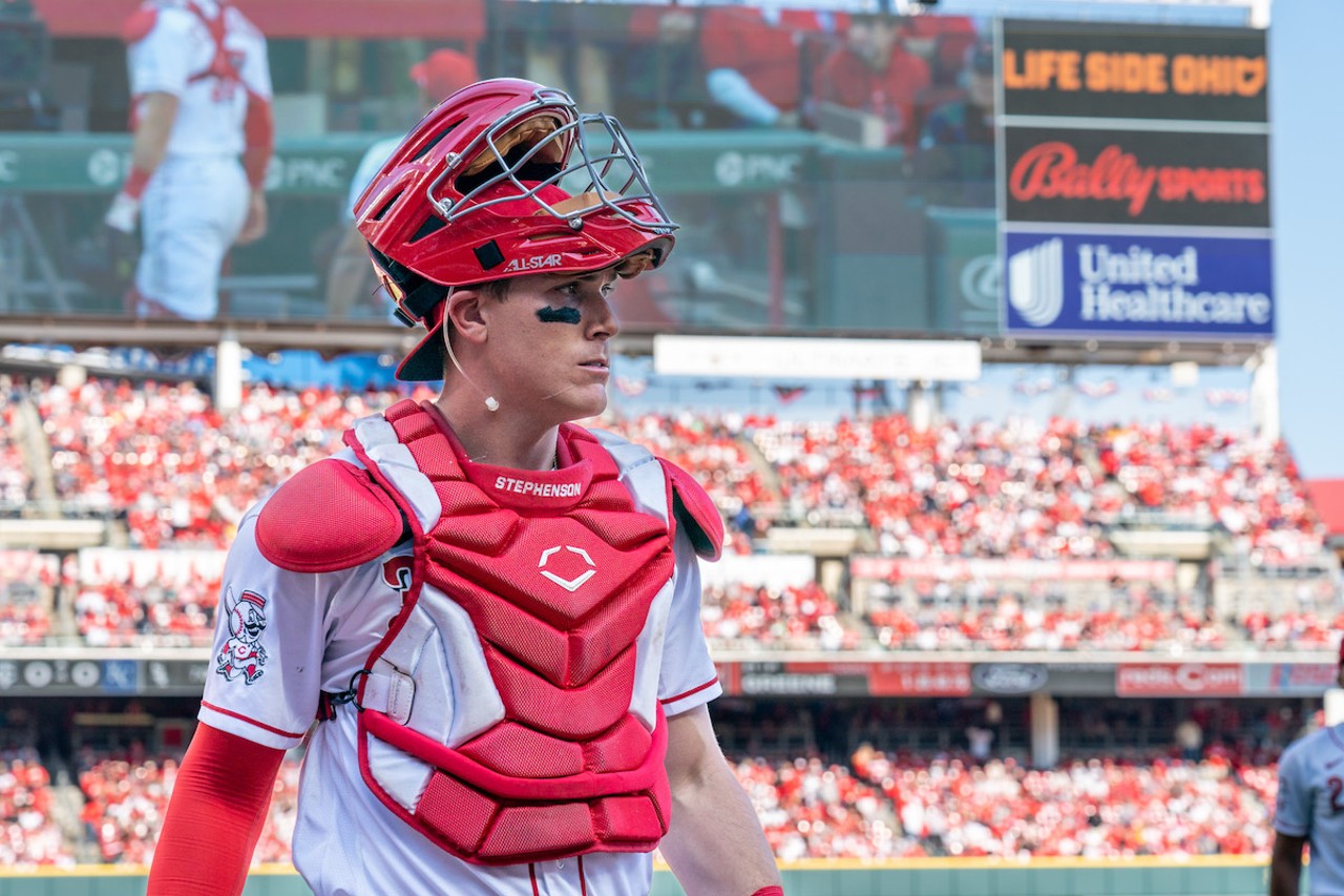 Cincinnati Reds catcher Tyler Stephenson takes a swing during the season opener at Great American Ball Park on March 30, 2023.