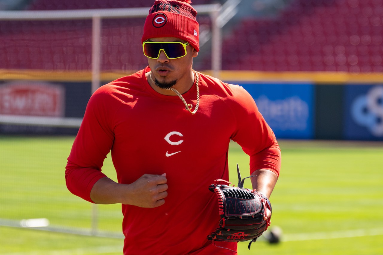 Cincinnati Reds pitcher Alexis Diaz practices before the season opener at Great American Ball Park on March 30, 2023.