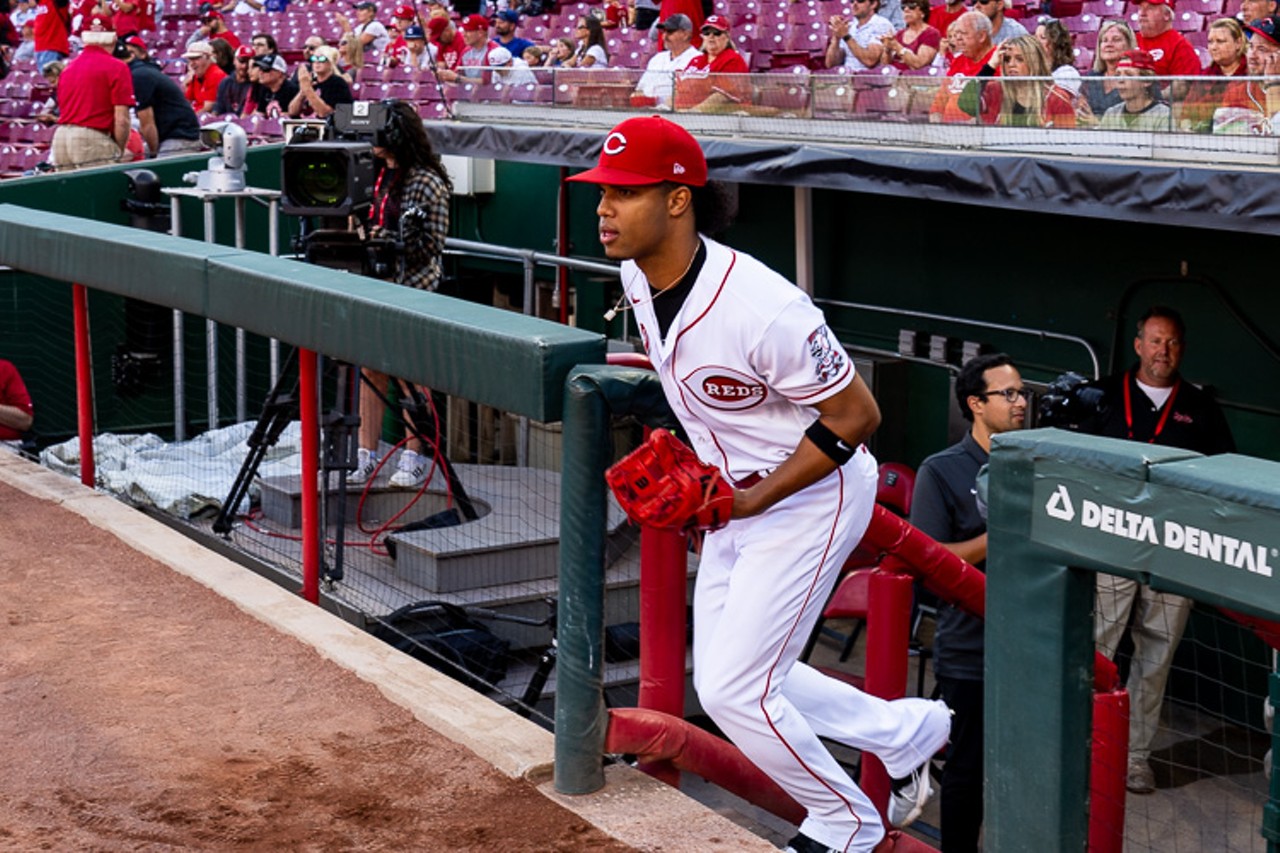 Jose Barrero leaves the dugout as the Cincinnati Reds host the Chicago Cubs at Great American Ball Park on Oct. 5, 2022.